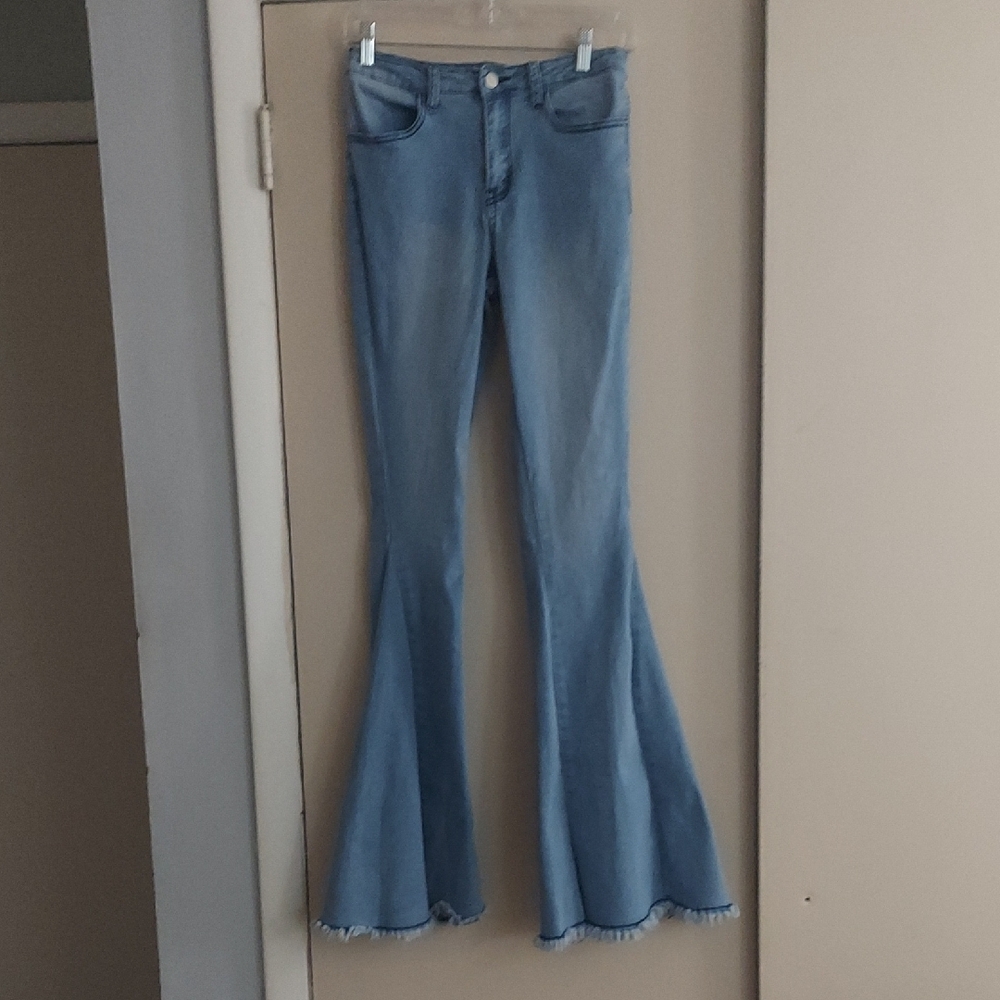 Saints & Hearts SELF Cris Cross Fringed Denim Flares Bell Bottom Boho Jeans S